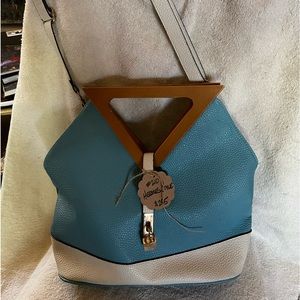Hermes Style leather handbag with Wooden handles